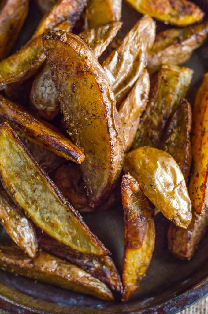 Close up of oven baked potato wedges