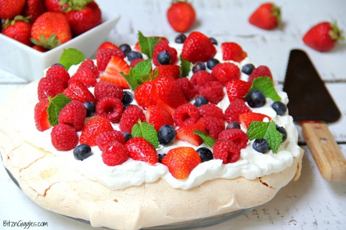 close up of red white and blue pavlova