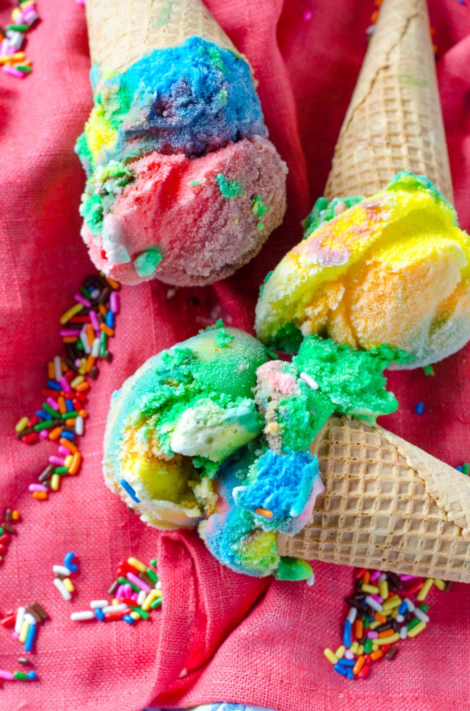 Rainbow ice cream on a red napkin