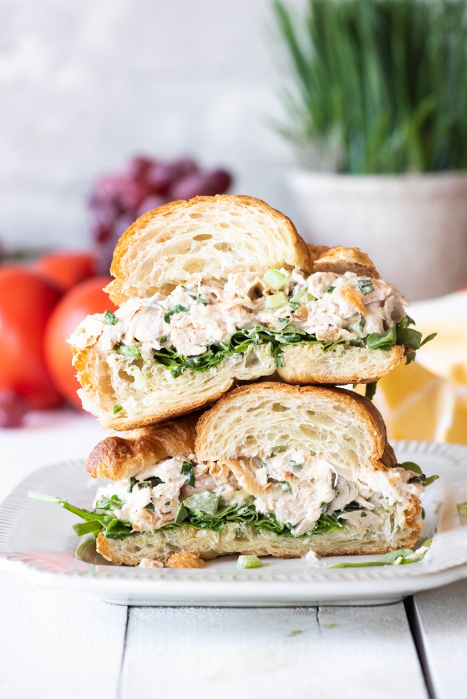 Best rotisserie chicken salad sandwich cut in half