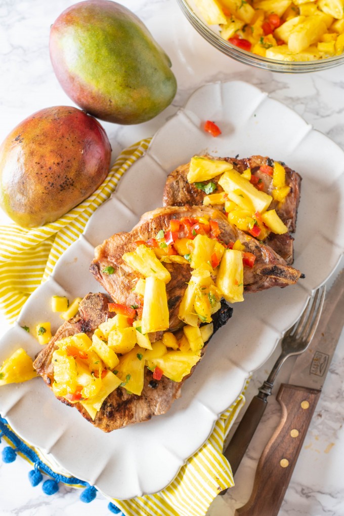 Tropical Marinated Grilled Pork Chops with Grilled Pineapple Salsa