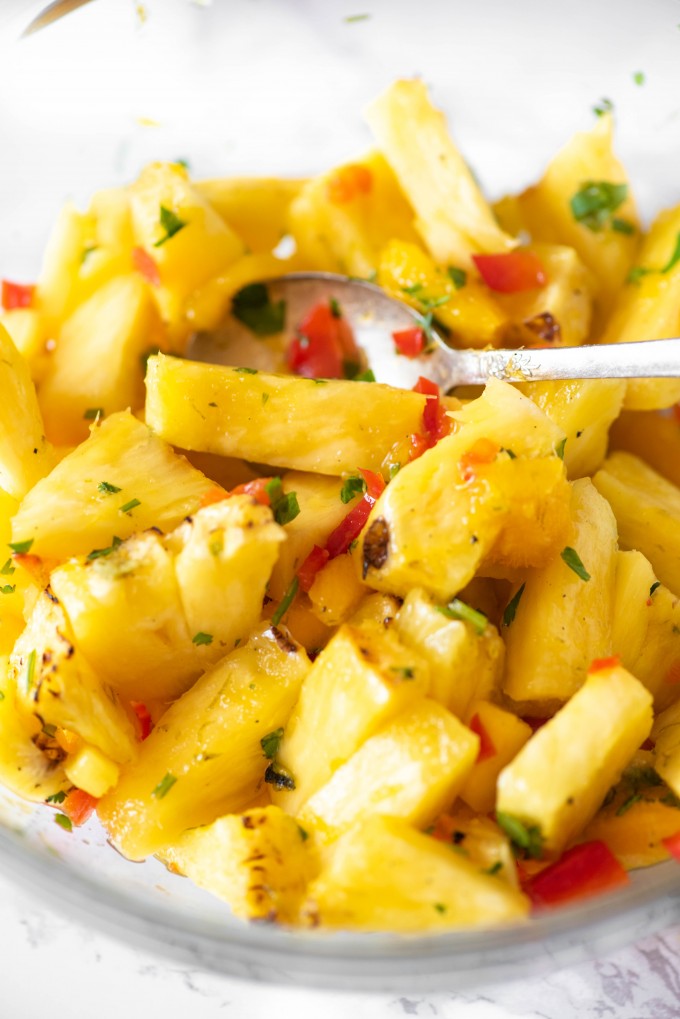 Fruit salsa with grilled pineapple, mango, cilantro, red pepper and lime