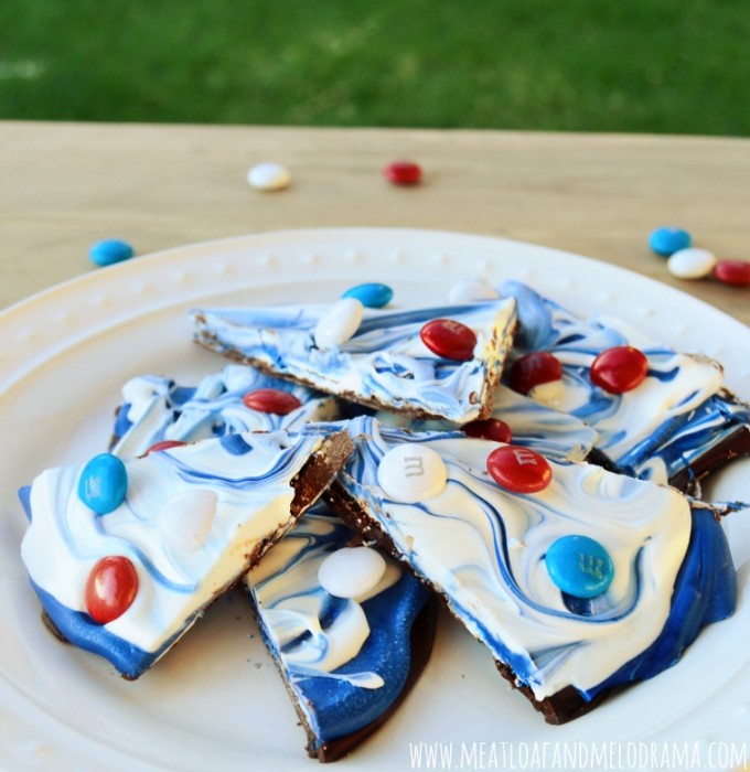 red white and blue chocolate bark on a plate