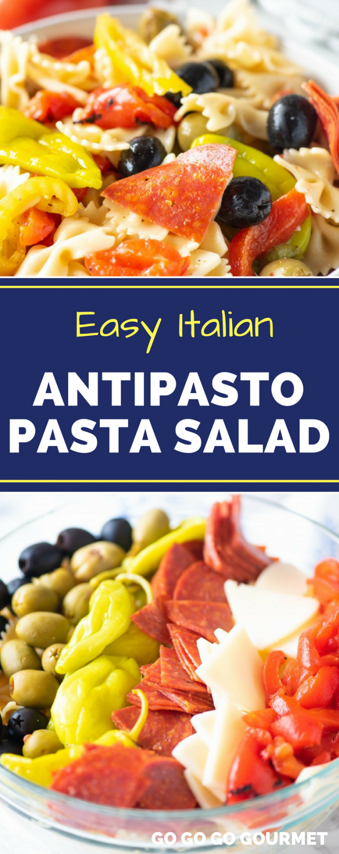 This easy Italian Antipasto Pasta Salad is one my favorite pasta salad recipes! Full of olives, roasted red peppers, pepperoni, Italian dressing and cheese, this will be your go to dish for all of your family get togethers! #antipastopastasalad #pastasaladrecipes #easypastasaladrecipes #gogogogourmet via @gogogogourmet