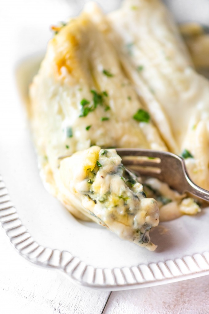 A forkful of spinach manicotti recipe