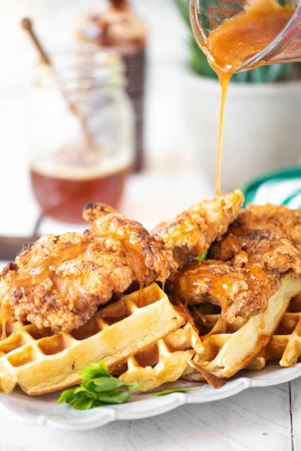 Crispy Chicken and Waffles with Sriracha Honey Sauce