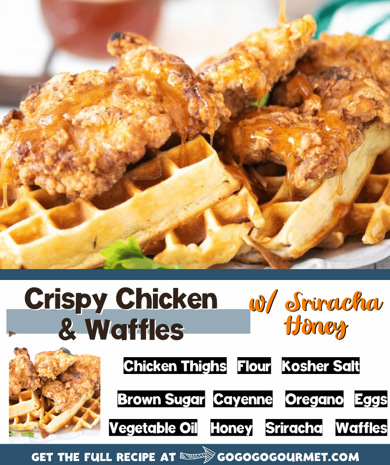 This easy, Southern-style Chicken and Waffles recipe is perfect for your next brunch! Paired with a sweet and spicy honey sriracha sauce, you can serve it as either an appetizer, breakfast or lunch! #chickenandwaffles #easychickenandwafflesrecipe #easybrunchrecipes #gogogogourmet via @gogogogourmet