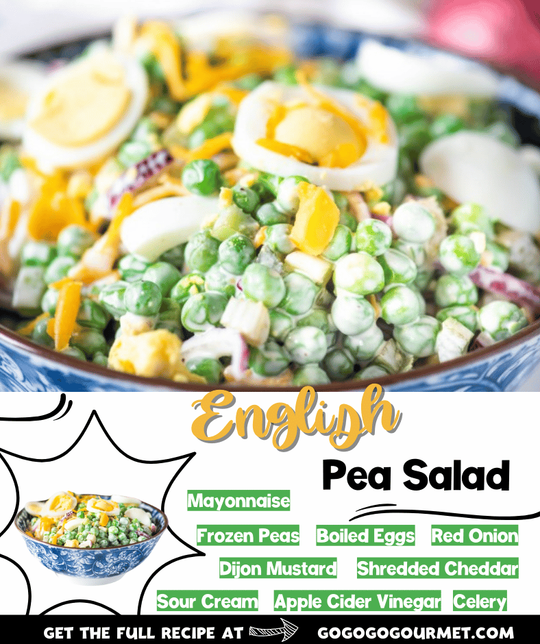 Looking for some new lunch ideas? This easy English Pea Salad is one of the best recipes out there! This pea salad is served cold, so it's perfect for summer BBQs. You can even add some extra flavor with bacon! #peasalad #creamypeasaladrecipes #summerbbqrecipes #gogogogourmet via @gogogogourmet