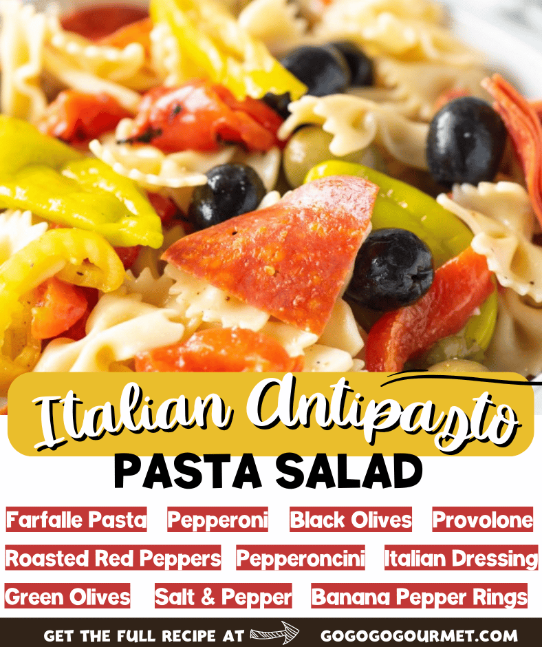 This easy Italian Antipasto Pasta Salad is one my favorite pasta salad recipes! Full of olives, roasted red peppers, pepperoni, Italian dressing and cheese, this will be your go to dish for all of your family get togethers! #antipastopastasalad #pastasaladrecipes #easypastasaladrecipes #gogogogourmet via @gogogogourmet