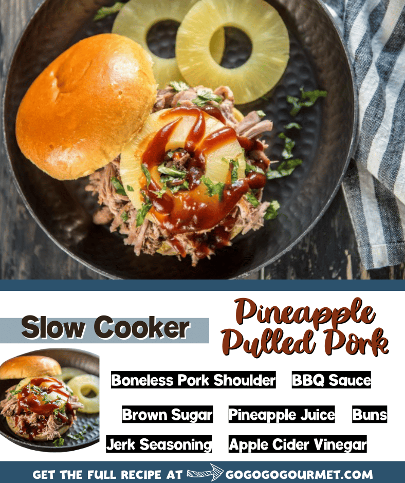 This Slow Cooker Pineapple Pulled Pork recipe is perfect for any summer BBQ! Piled high with barbecue sauce an a slice of pineapple, it makes great tacos or even sliders! Utilize your crockpot to make cooking easy this summer. #pineapplepulledpork #slowcookerrecipes #easycrockpotrecipes #gogogogourmet via @gogogogourmet