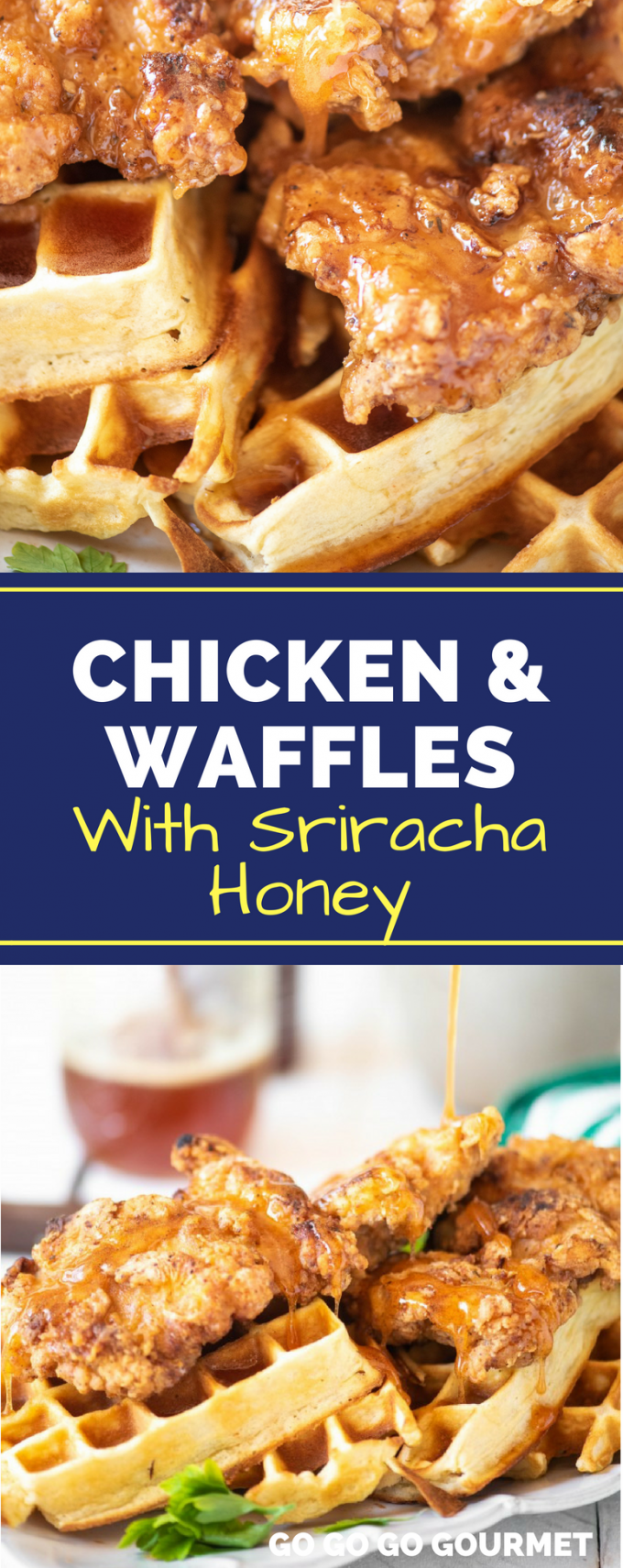 This easy, Southern-style Chicken and Waffles recipe is perfect for your next brunch! Paired with a sweet and spicy honey sriracha sauce, you can serve it as either an appetizer, breakfast or lunch! #chickenandwaffles #easychickenandwafflesrecipe #easybrunchrecipes #gogogogourmet via @gogogogourmet