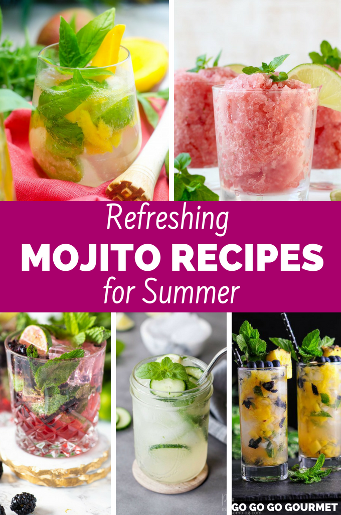 Whether you're making them in a pitcher, or one for yourself, these refreshing  mojito recipes are so easy! From classic and traditional with mint and lime to flavors like strawberry, blueberry, mango and even coconut, your summer won't be complete without these recipes! #refreshingmojitorecipes #mojitorecipes #summercocktails #easysummerdrinks #gogogogourmet via @gogogogourmet