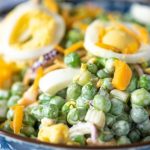 English Pea Salad recipe with creamy peas, red onions, hard boiled eggs