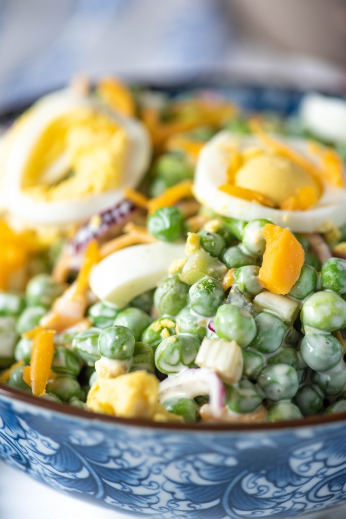 Boiled egg recipes - english Pea Salad recipe with creamy peas, red onions, hard boiled eggs