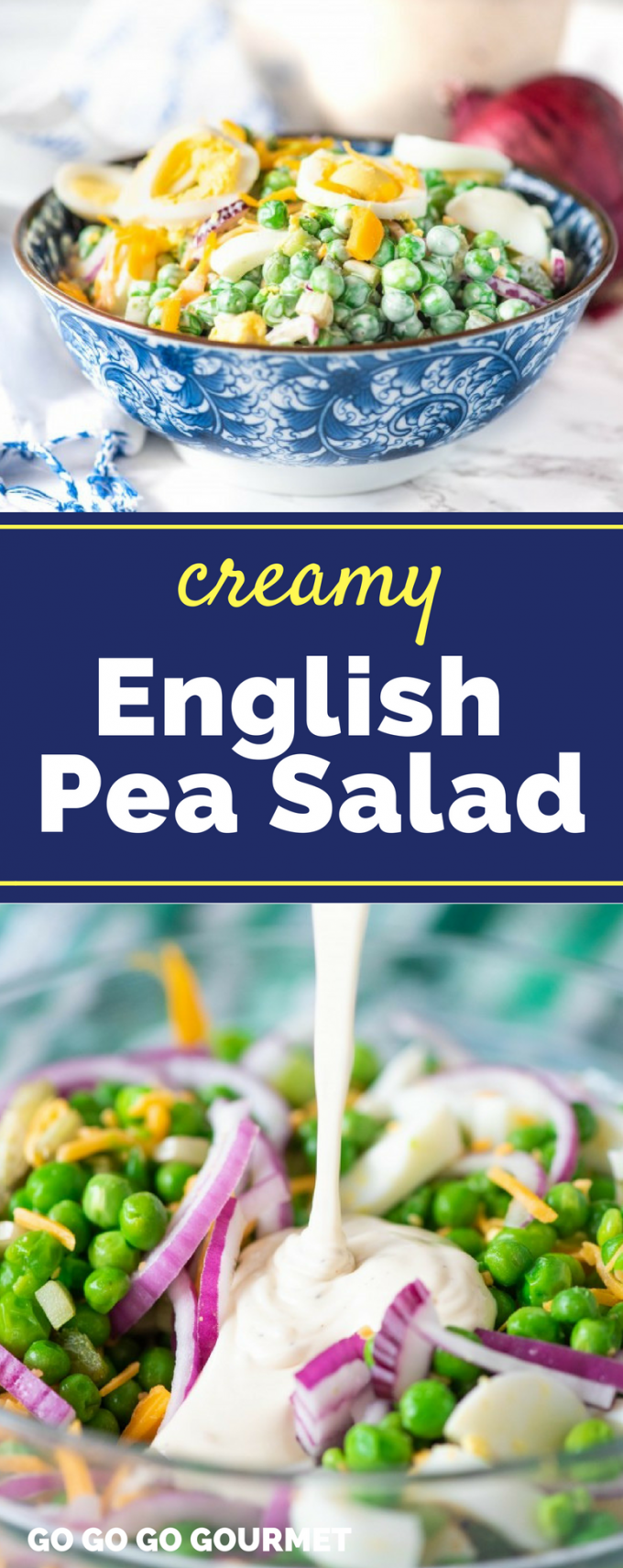 Looking for some new lunch ideas? This easy English Pea Salad is one of the best recipes out there! This pea salad is served cold, so it's perfect for summer BBQs. You can even add some extra flavor with bacon! #peasalad #creamypeasaladrecipes #summerbbqrecipes #gogogogourmet via @gogogogourmet
