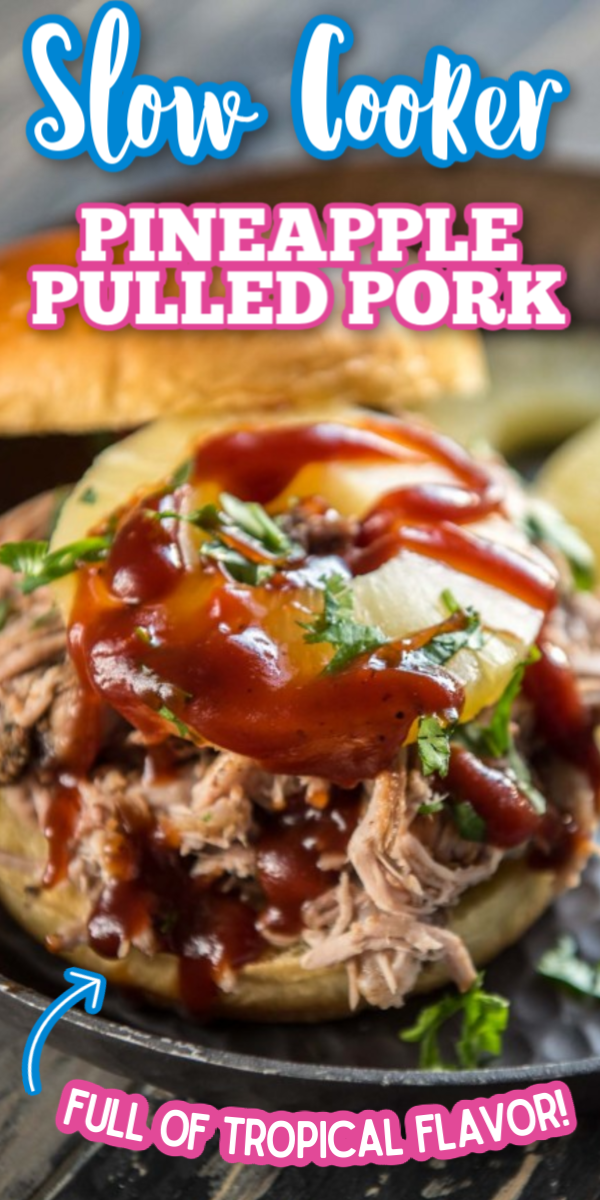 This Slow Cooker Pineapple Pulled Pork recipe is perfect for any summer BBQ! Piled high with barbecue sauce an a slice of pineapple, it makes great tacos or even sliders! Utilize your crockpot to make cooking easy this summer. #pineapplepulledpork #slowcookerrecipes #easycrockpotrecipes #gogogogourmet via @gogogogourmet