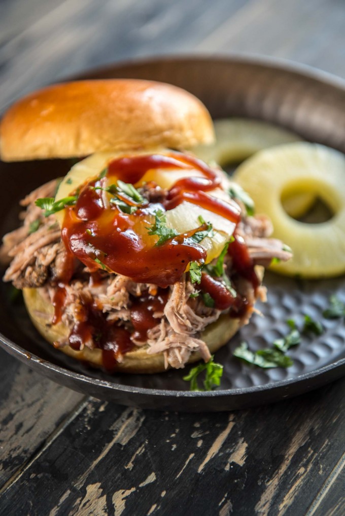 Pineapple pulled pork sandwich on a plate