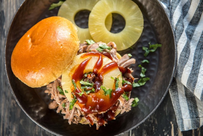 Open faced pineapple pulled pork sandwich