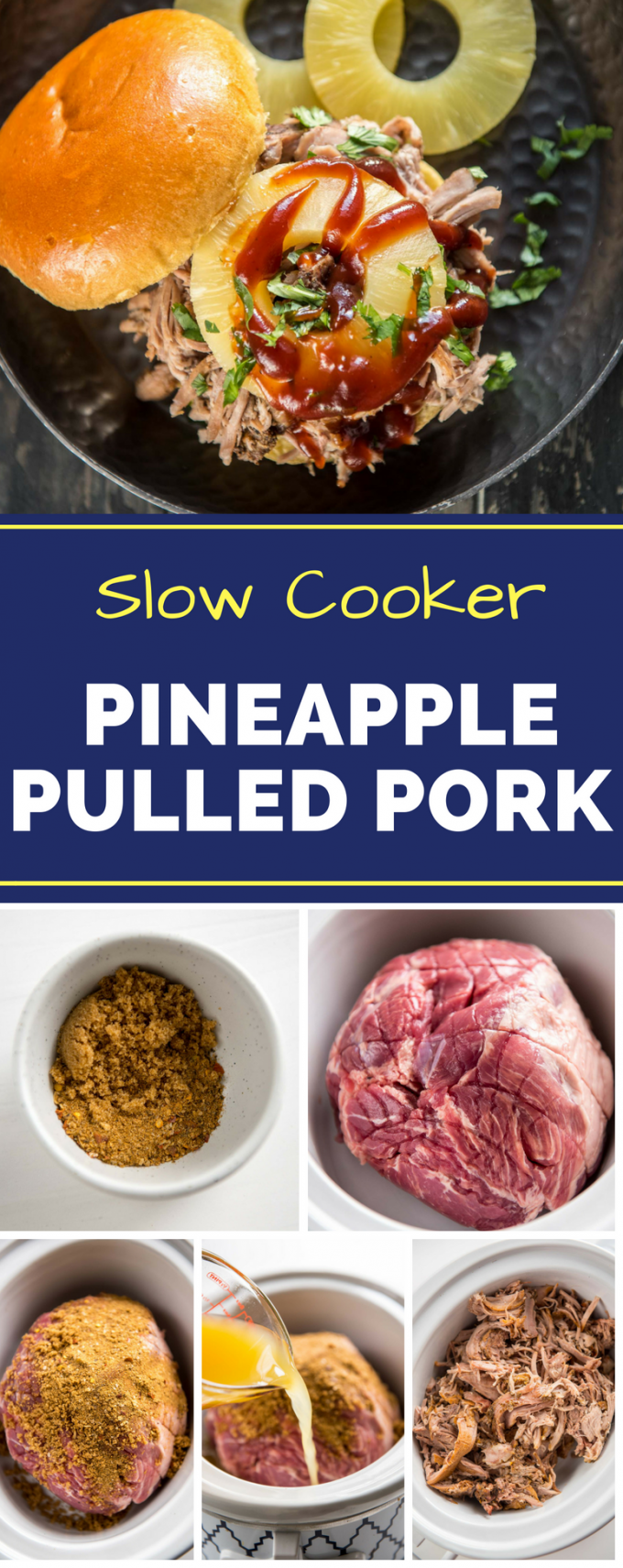 This Slow Cooker Pineapple Pulled Pork recipe is perfect for any summer BBQ! Piled high with barbecue sauce an a slice of pineapple, it makes great tacos or even sliders! Utilize your crockpot to make cooking easy this summer. #pineapplepulledpork #slowcookerrecipes #easycrockpotrecipes #gogogogourmet via @gogogogourmet