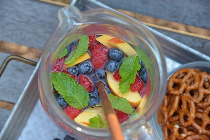 Top view of a pitcher of peach sangria