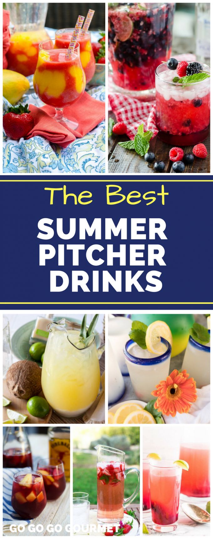 Whether alcoholic or non-alcoholic, these Summer Pitcher Drinks are a great way to serve cocktails for a crowd! Your summer party won't be complete without at least one of these easy recipes! #summerpitcherdrinks #cocktailsforacrowd #easysummercocktails #gogogogourmet via @gogogogourmet