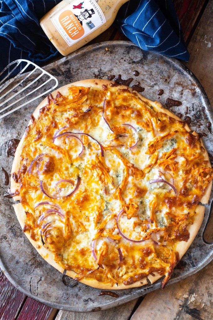 Whole buffalo chicken pizza done on grill