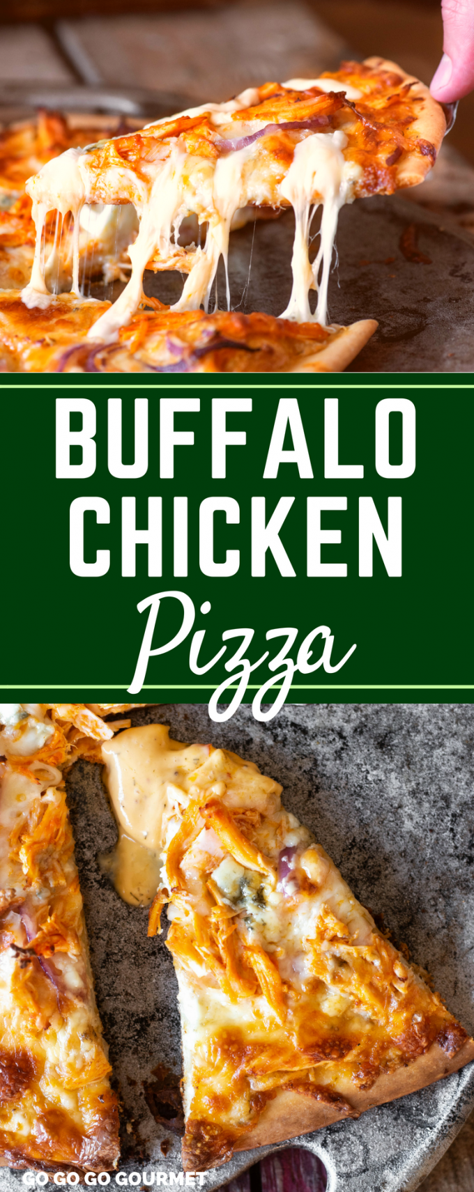 This easy Buffalo Chicken Pizza Recipe is a homemade family favorite! Topped with blue cheese and mozzarella, the spicy buffalo ranch sauce is what MAKES this! via @gogogogourmet