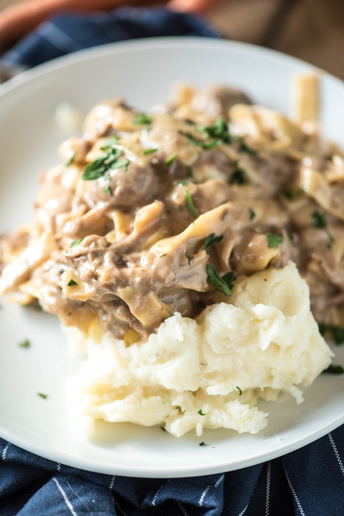 Beef and noodles over mashed potatoes