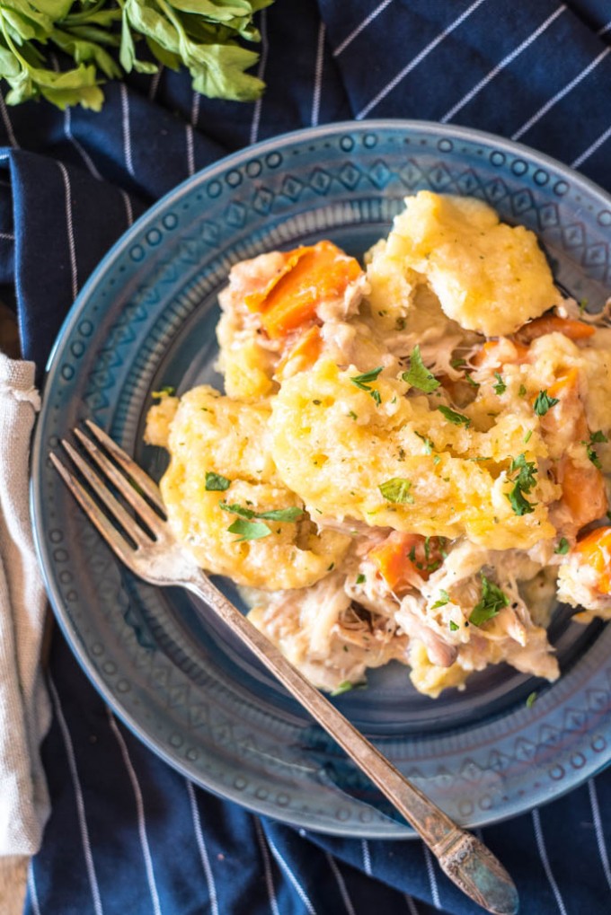 Chicken and dumplings on a blue plate