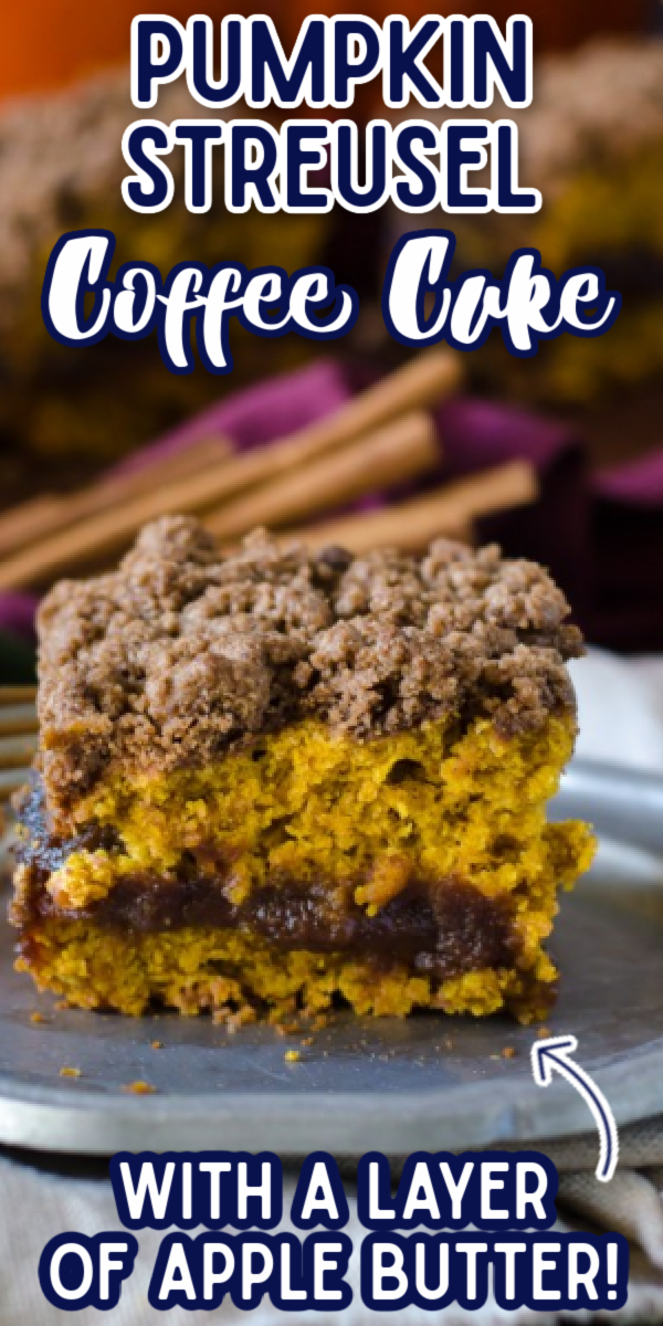 This Pumpkin Coffee Cake is one of the best fall recipes! Chock full of cinnamon with an apple butter filling, it is so moist and delicious. Topped with streusel that's super easy to make, you can't go wrong! #pumpkinstreuselcoffeecake #easyfalldesserts #pumpkinrecipes #gogogogourmet via @gogogogourmet