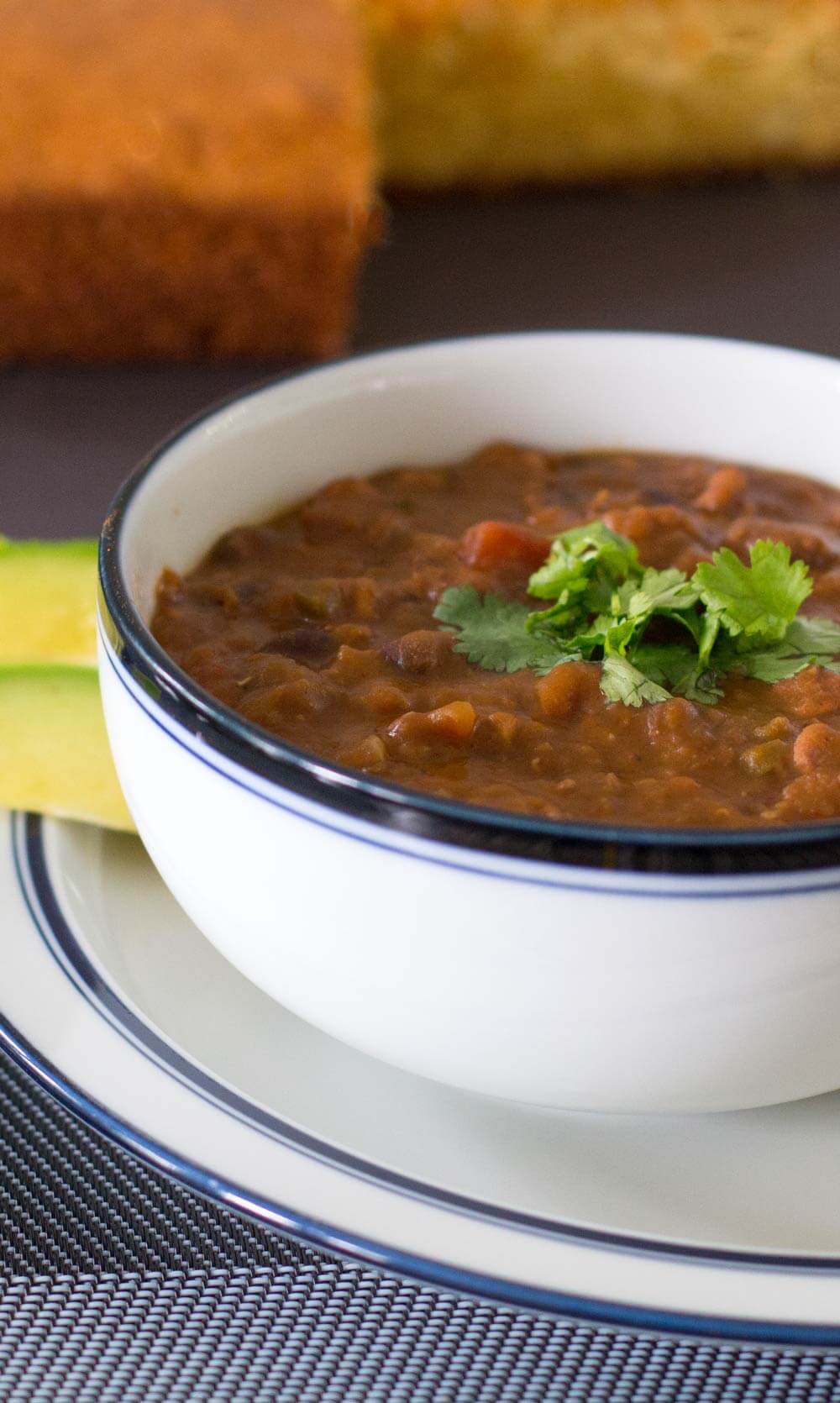 Pumpkin chili in a white bowl