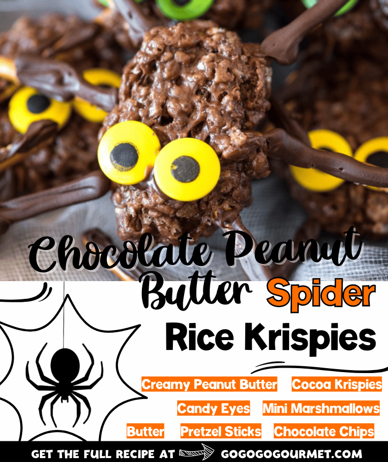 If you're looking for fun recipes for Halloween, look no further! Forget the pumpkins and ghosts, these Chocolate Peanut Butter Rice Krispie Spiders easy enough for the kids to help with, and yummy too! One of the best Halloween desserts ideas ever! #gogogogourmet #chocolatepeanutbutterricekrispiespiders #halloweentreats #halloweendesserts via @gogogogourmet