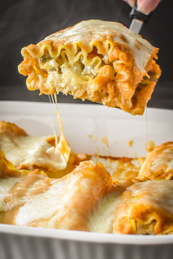 Pumpkin lasagna in a white dish