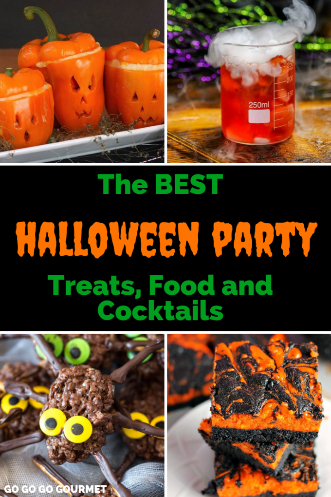 Whether you're planning a Halloween party for kids or for adults, these easy Halloween Party ideas include desserts, dinner, appetizers and drinks! Spooky fun for all ages! #gogogogourmet #halloweenparyfoodideas #halloweenfood #halloweendrinks via @gogogogourmet