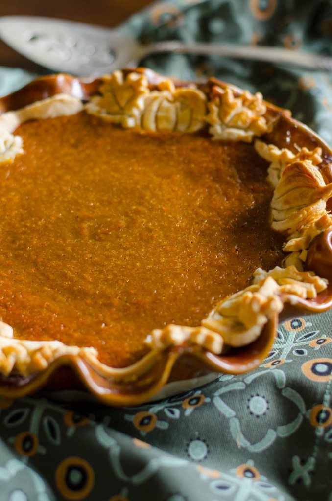 Perfect pumpkin pie in a scalloped pie dish