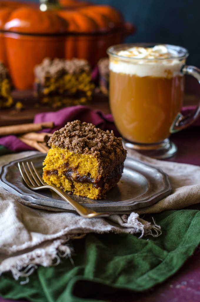 Pumpkin Streusel Coffeecake on a silver plate with coffee