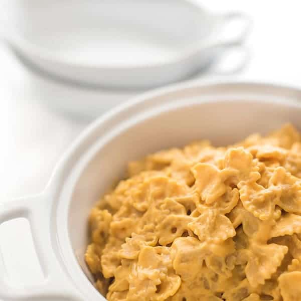 Pumpkin mac and cheese in a  white bowl