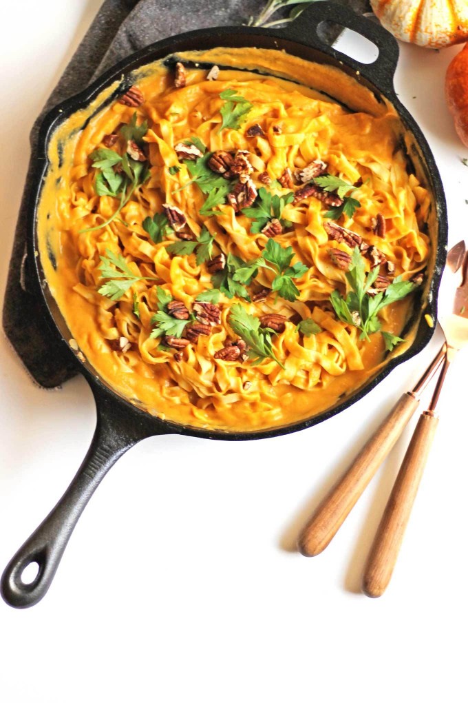 Pumpkin fettuccine in a cast iron skillet