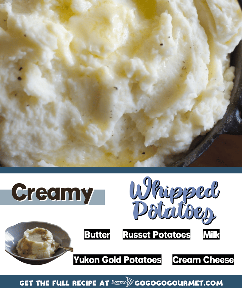 These easy Creamy Whipped Potatoes make the BEST Thanksgiving side! Not only are they perfect for Thanksgiving, but they would go perfectly with any comfort food recipe! #gogogogourmet #creamywhippedpotatoes #thanksgivingsides #thanksgivingrecipes #mashedpotatorecipe via @gogogogourmet
