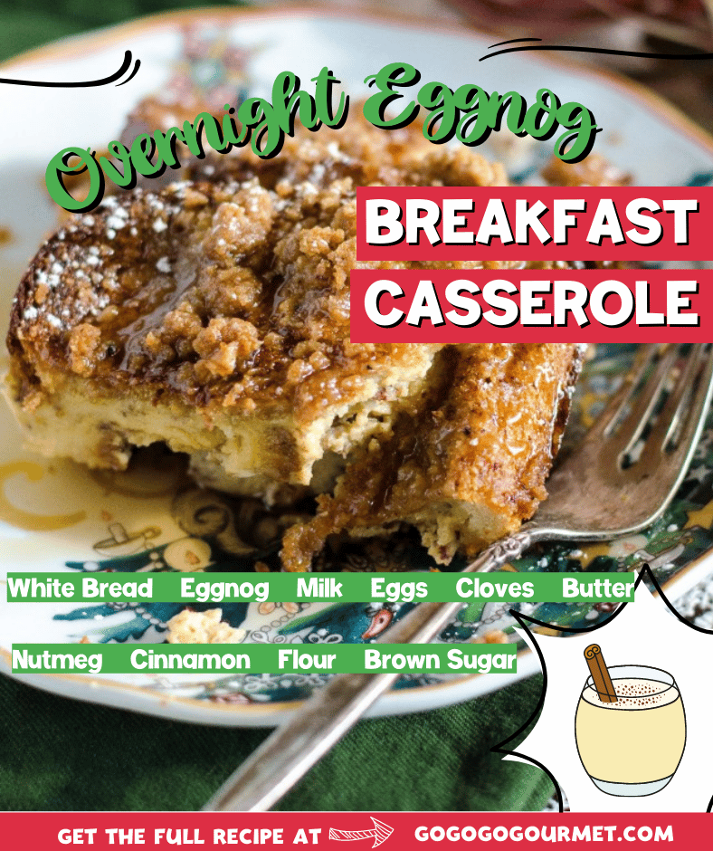 This Overnight Eggnog French Toast Casserole recipe is perfect for the holidays! Wake up on Christmas morning and this easy breakfast is ready to bake! #gogogogourmet #eggnogfrenchtoast #overnighteggnogfrenchtoastcasserole #christmasmorningbreakfast via @gogogogourmet