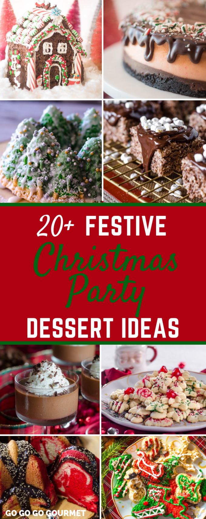 These festive Christmas Party Dessert recipes are totally amazing! Ranging from fancy and elegant to cute and creative, these easy desserts are total show stoppers! Some are even easy enough for the kids to help with! From cakes to cookies and everything in between, you are going to love these ideas! #GoGoGoGourmet #ChristmasDesserts #ChristmasPartyDessertIdeas via @gogogogourmet