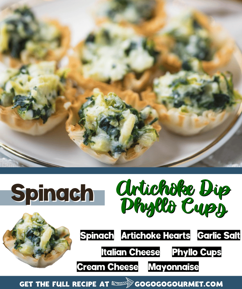 These easy Baked Spinach Artichoke Dip Cup Bites are the perfect party appetizers! Full of veggies, this recipe is one of the best finger foods! Make or freeze them ahead of time and bake when you need them! #gogogogourmet #spinachartichokedipbites #appetizer #christmas #partyfoods #partyfoodrecipes #holidayparty via @gogogogourmet