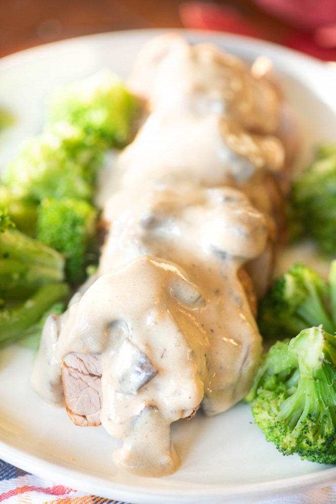 Instant Pot pork tenderloin topped with mushroom gravy