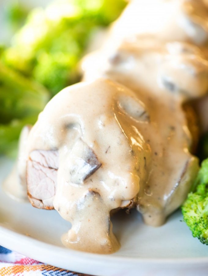 Close up of Instant Pot pork tenderloin with gravy