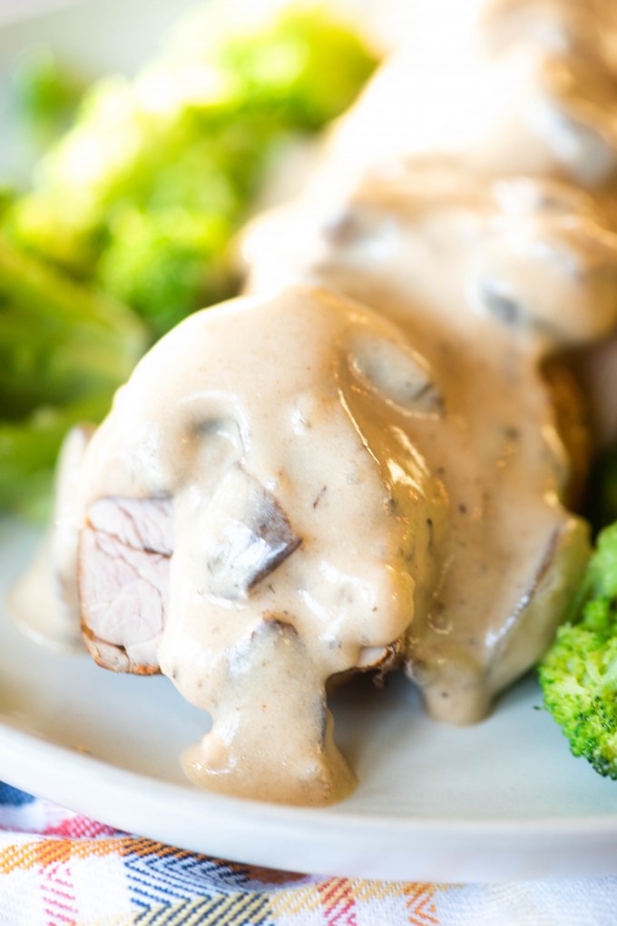 Close up of Instant Pot pork tenderloin with gravy