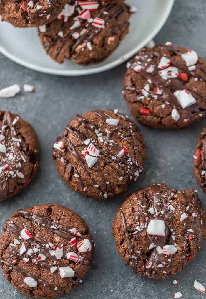 Double chocolate peppermint cookies on a board - christmas desserts