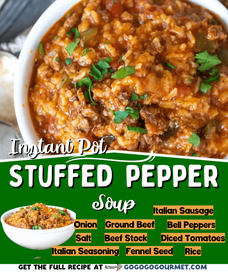 Even better than the Skinny Taste or Allrecipes recipes, this easy Instant Pot Stuffed Pepper Soup recipe is the best! It's the ultimate comfort food for cold weather! Making soup in the Instant Pot is so much quicker than the crockpot or on the stovetop! #gogogogourmet #instantpotstuffedpeppersoup #easyinstantpotrecipes #stuffedpeppersoup #comfortfoodrecipes via @gogogogourmet