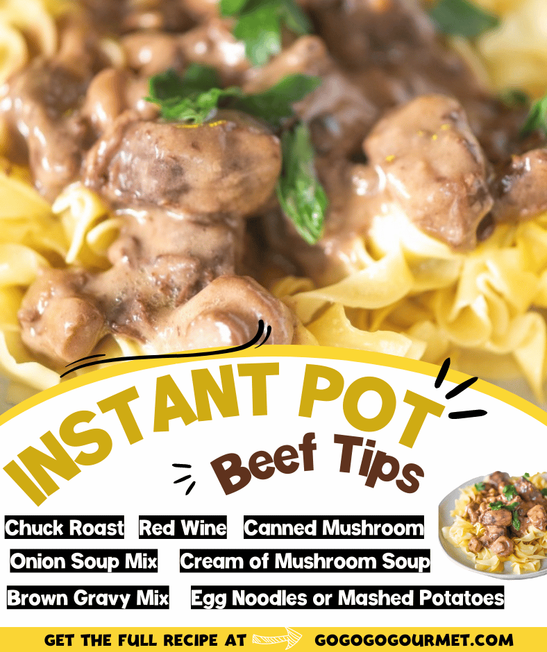 This easy Instant Pot Beef Tips recipe is swimming in delicious mushrooms and gravy! While it's not healthy or Whole 30 compliant, it is a comfort food that the whole family will enjoy! Best served over rice, noodles or mashed potatoes. #gogogogourmet #instantpotbeeftips #easyinstantpotrecipes #comfortfoodrecipes via @gogogogourmet