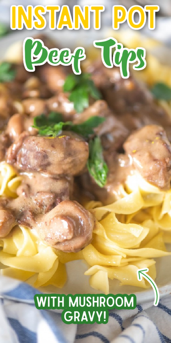 This easy Instant Pot Beef Tips recipe is swimming in delicious mushrooms and gravy! While it's not healthy or Whole 30 compliant, it is a comfort food that the whole family will enjoy! Best served over rice, noodles or mashed potatoes. #gogogogourmet #instantpotbeeftips #easyinstantpotrecipes #comfortfoodrecipes via @gogogogourmet
