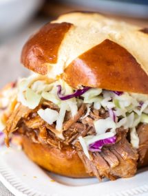 Close up of Instant Pot pulled pork on a bun